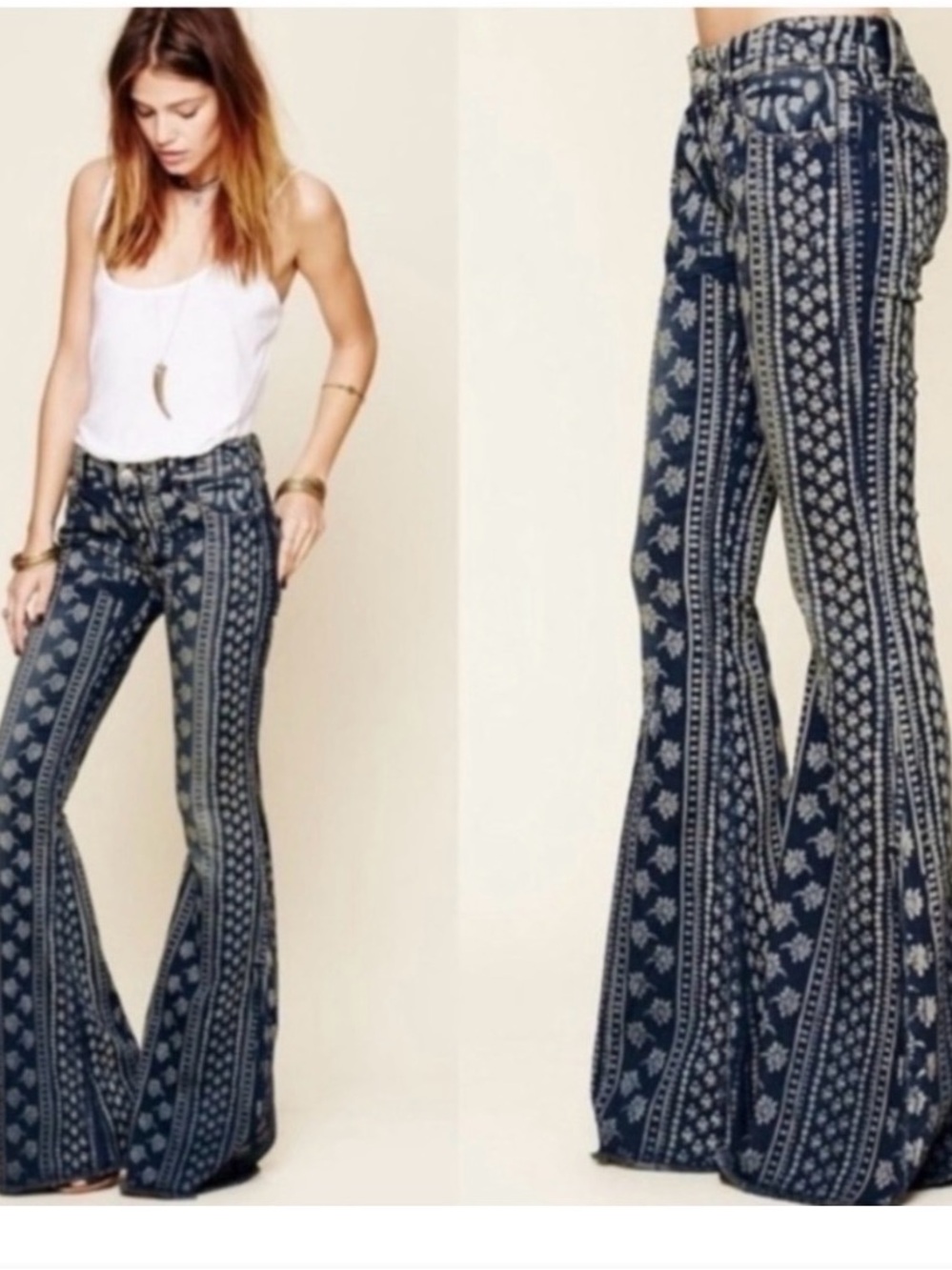 Free People Navy Blue Patterned Flare Coachella Jeans
